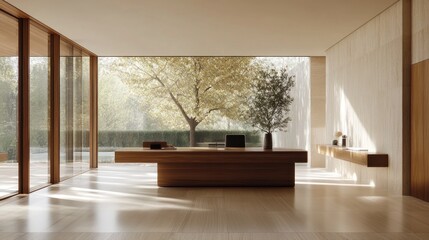 A spacious minimalist office with a large wooden desk and floor to ceiling windows offering a view of greenery