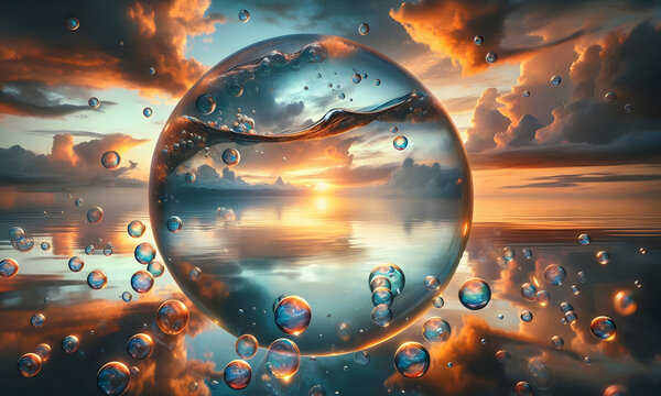 Eine durchsichtige Blase liegt am Abend im Sonnenuntergang am Meer und spiegelt sich, copy space