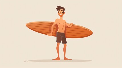 Cheerful Surfer with Wooden Surfing Board Enjoying Beach Adventures