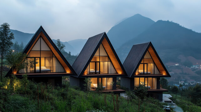 Triangular wooden cabins illuminated at dusk in a mountainous region surrounded by lush greenery