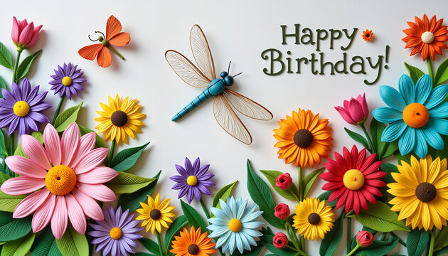 Colorful dragonfly over vibrant flowers, joyful birthday celebration