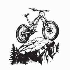 Mountain Bike Standing on Rock with Breathtaking Landscape in the Background Vector Art
