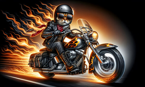 Eine Katze sitzt in stylischer Motorradkleidung auf einem Motorrad