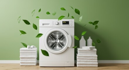 A vibrant and eco-inspired setup featuring a white front loading washing machine with fresh green leaves floating in the air