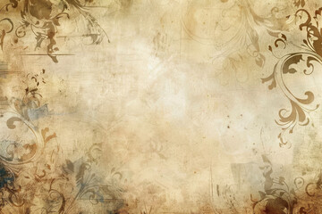 close up horizontal image of an old textured background, floral decoration on the edges, mockup space