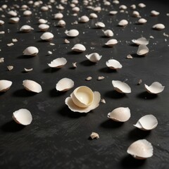 delicate egg shell fragments scattered on a dark surface, broken eggshell, shimmer dust, shattered egg
