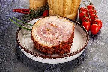 Tasty and fat smoked pork belly