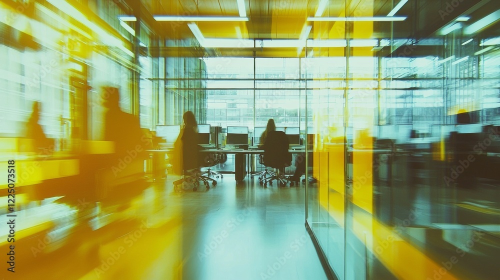 Poster bright yellow light filters through a contemporary workspace, emphasizing the blurred figures of ind