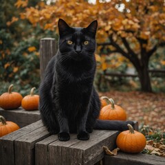 A black cat sitting on a wooden fence with pumpkins and fall leaves in the background.
