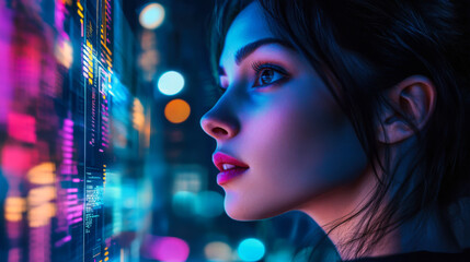 Woman interacting with digital holograms in a futuristic urban environment at night
