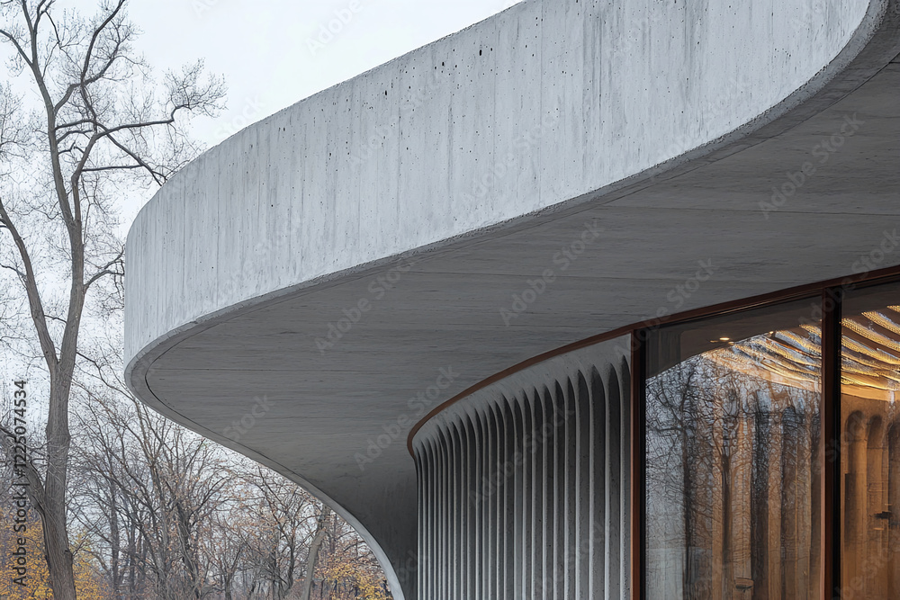 Poster modern curved concrete architecture with large glass windows and vertical ribbed detailing in a sere