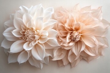 Two intricately designed floral arrangements in soft hues of white and peach, showcasing nature's beauty and elegance through delicate petals and artistic composition.