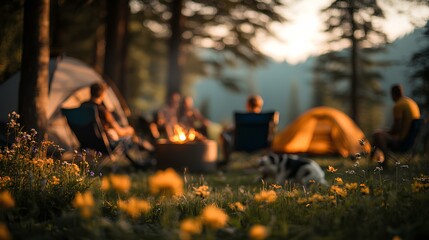 A diverse group of friends and couples gathered around a campfire during a long road trip, roasting marshmallows and playing acoustic guitar