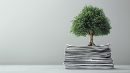 tree growing from stack of business reports on gray background with copy space,  sustainable growth business concept