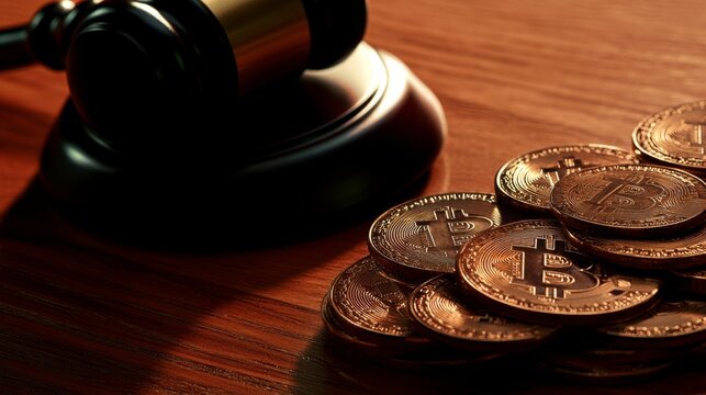 Bitcoin Coins with Gavel on Wooden Table Symbolizing Law and Finance