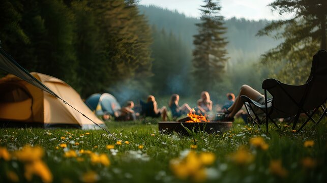 A diverse group of friends and couples gathered around a campfire during a long road trip, roasting marshmallows and playing acoustic guitar.