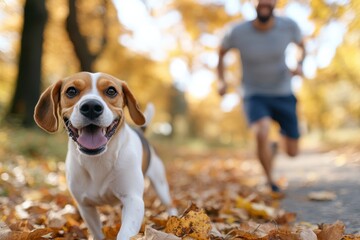A beagle runs energetically down a leaf-covered path during a sunny autumn day, encapsulating the essence of joy, companionship, and the beauty of the fall landscape.