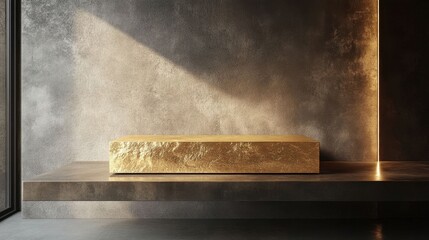 A golden geometric object on a shelf.