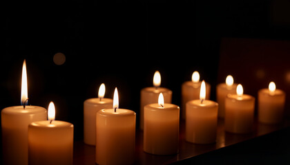 Flickering candles in dark setting, reflection and remembrance