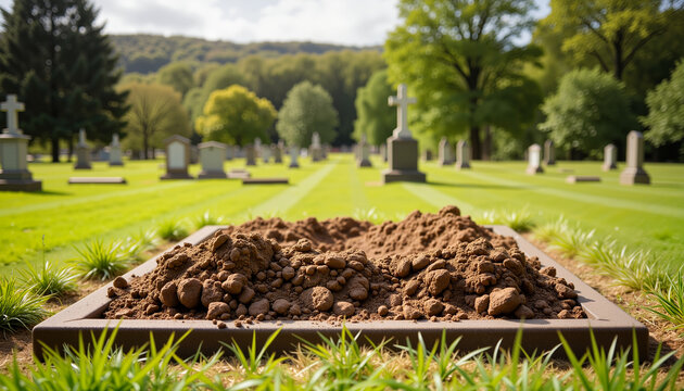 Freshly dug grave with earth mound in peaceful cemetery, finality