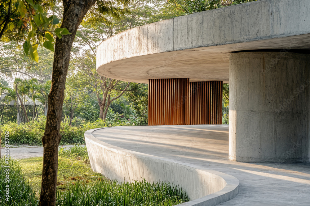 Poster modern architectural design with curved concrete structures and wooden panels, surrounded by lush gr