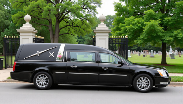 Classic black hearse parked near cemetery entrance, mourning and remembrance