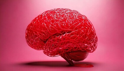 3D human brain made of wire illustration. Realistic red meshed brain on pink background, anatomy concept of intelligence, mind, psychology or mental health