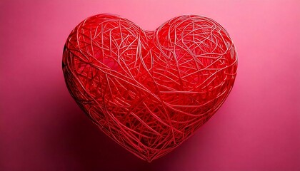 Creative 3D heart made by on wires pink background. Red wireframe heart shape - realistic flat lay. Concept of love, support, care and charity