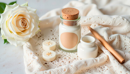 Delicate keepsake urn with rose and lace, remembrance and peace