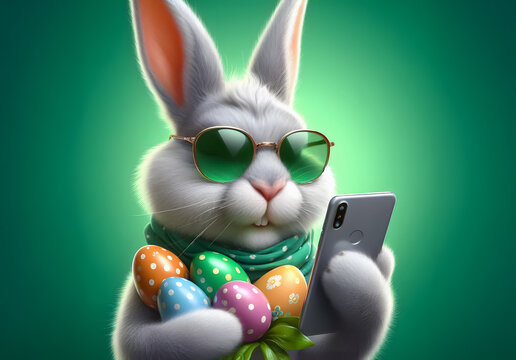 Ein Osterhase mit Sonnenbrille mit bunten Ostereiern vor einem gr&uuml;nen Hintergrund h&auml;lt ein Handy in seiner Pfote und liest Nachrichten, copy space