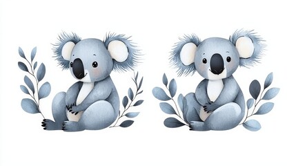 Fototapeta premium Cute Illustrated Koalas with Leaves, Adorable Characters in Soft Blue Tones for Children’s Decor