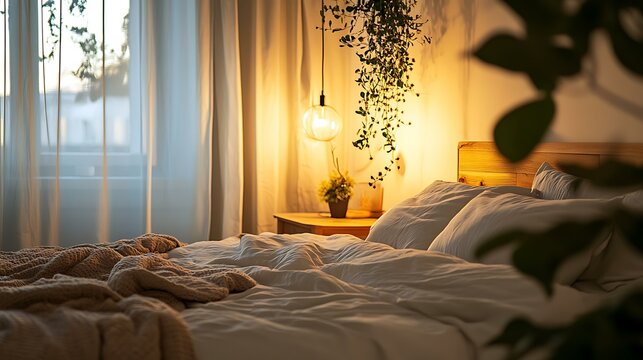 A serene bedroom setup promoting healthy sleep patterns to treat insomnia