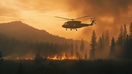 Fototapeta premium Firefighting Helicopter Battling a Forest Fire – Ideal for Emergency Preparedness Guides, Environmental Awareness Campaigns, and Disaster Response Visuals