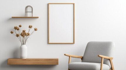 Fototapeta premium A modern, minimalistic interior featuring a chair, shelf, and decor.
