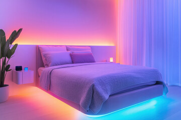 A modern bedroom interior with ambient lighting and a cozy atmosphere.