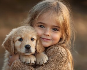 Cheerful Child Affectionately Embracing Adoring Pet Puppy in Sunny Backyard