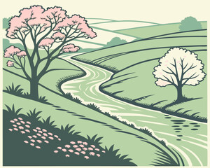   Un río serpentea entre suaves colinas verdes decoradas con árboles florecidos y arbustos. La escena transmite paz y frescura primaveral.
