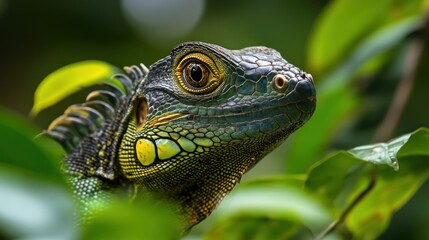 Green Iguana Portrait in Lush Tropical Foliage