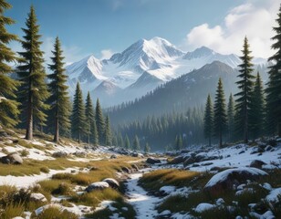 Fototapeta premium Dense forest with snow-capped mountains in the distance, atmosphere, snow, trees