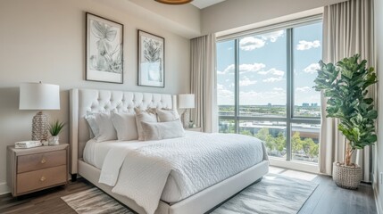 A stylish and luxurious bedroom featuring a king-sized bed and a large window with city views