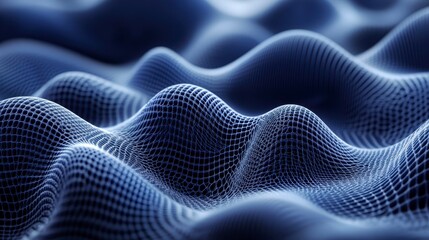Obraz premium Abstract 3D rendering of a dark blue wave like surface composed of small particles. The image features a textured, undulating pattern with varying
