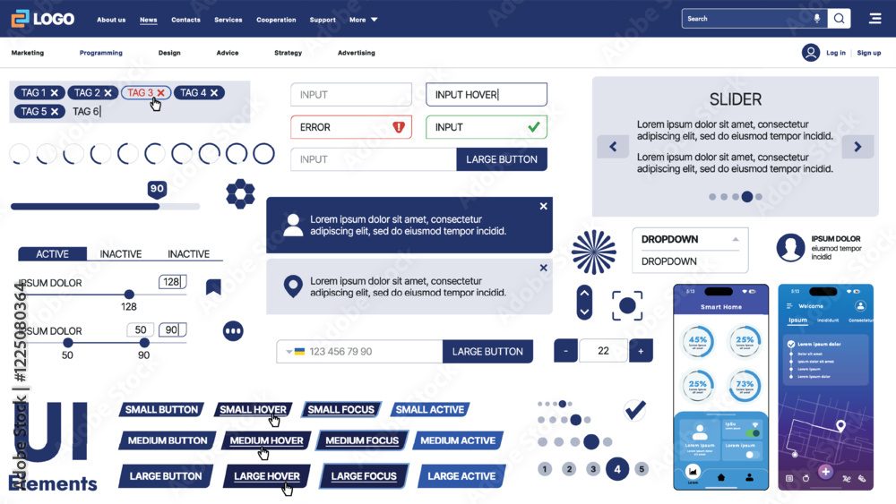Wall mural a modern ui kit featuring a collection of buttons, icons, navigation menus, and responsive design el