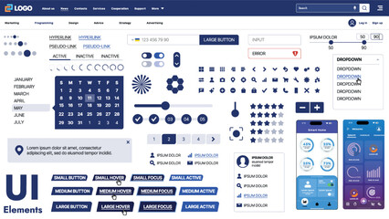 A modern UI kit featuring a collection of buttons, icons, navigation menus, and responsive design elements. Includes login forms, media players, search bars, and calendars, ideal for apps, websites