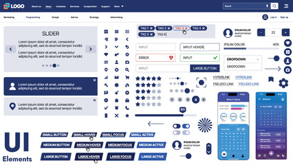 A modern UI kit featuring a collection of buttons, icons, navigation menus, and responsive design elements. Includes login forms, media players, search bars, and calendars, ideal for apps, websites
