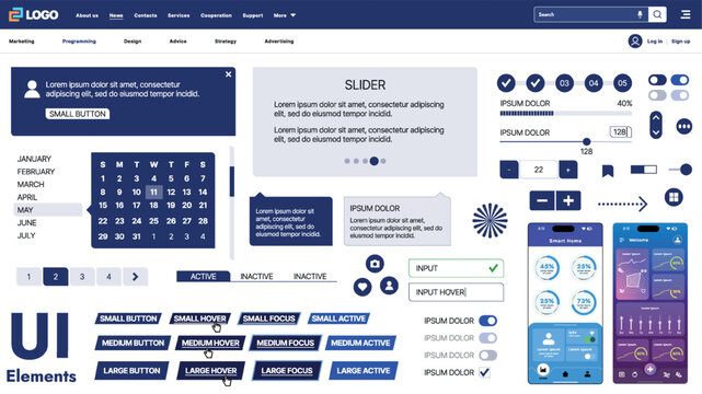A modern UI kit featuring a collection of buttons, icons, navigation menus, and responsive design elements. Includes login forms, media players, search bars, and calendars, ideal for apps, websites