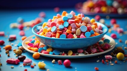 A white plate is centered on a light blue table with colorful assorted candies and sprinkles scattered both on the plate and around it.