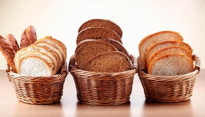 three baskets filled with various types of sliced bread