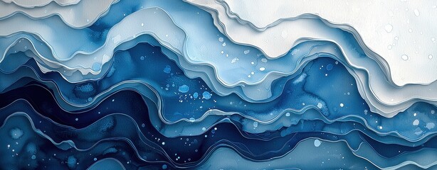 Blue and White Abstract Layered Waves in Fluid Art Design for Modern Backgrounds
