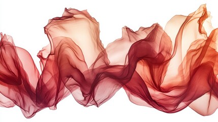 Fototapeta premium Abstract image of flowing, translucent fabric in shades of red, brown, and beige. The fabric creates soft, undulating waves against a white