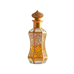 Elegant perfume bottle with intricate design and golden accents
